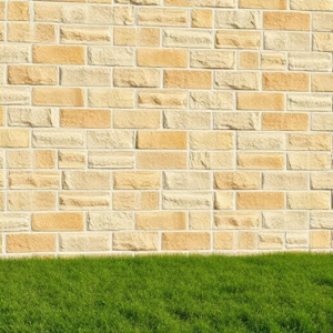 A tan brick wall stands above a vibrant green grass lawn, creating a contrast between the structured, textured surface of the bricks and the soft, lush grass. The scene depicts a clear boundary between architecture and nature. StoneSupplyStore.com We Sell Stone, Repair Stone, and Do Stone Projects