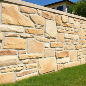 A stone wall featuring an assortment of rectangular and irregularly shaped beige and light brown stones. The wall is topped with a smooth concrete cap and bordered by a neatly trimmed green lawn. A building is partially visible in the background. StoneSupplyStore.com We Sell Stone, Repair Stone, and Do Stone Projects